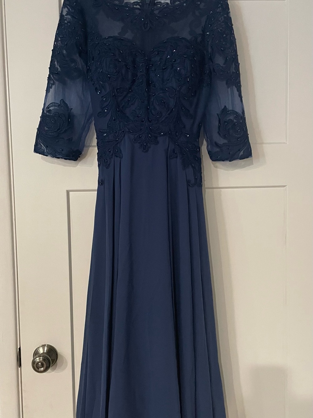 JJs House Navy Beaded Mesh A-Line Gown with Floral Appliqué and Sheer Sleeves